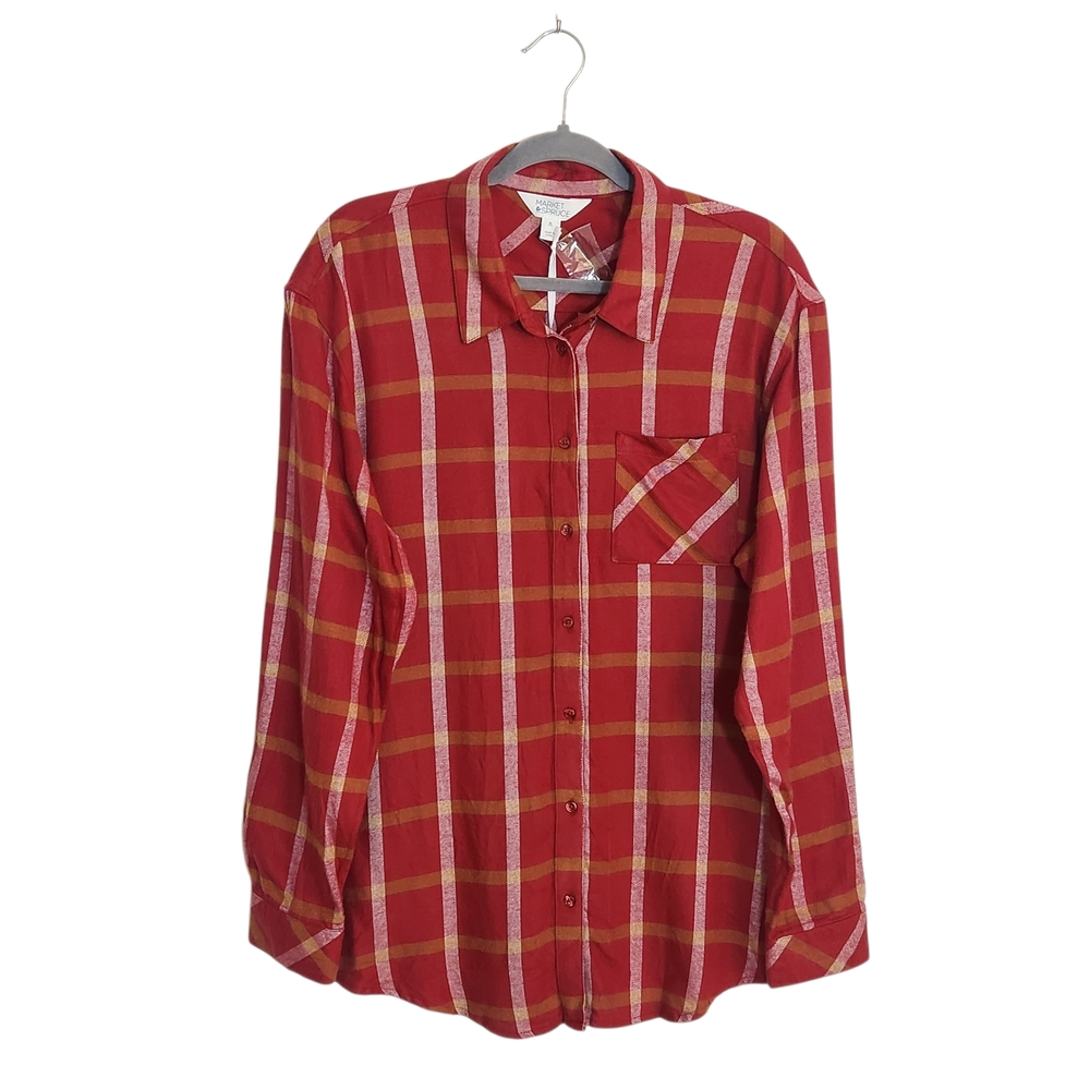 Market & Spruce Red Plaid Button Up Flannel Shirt Size XL NWT